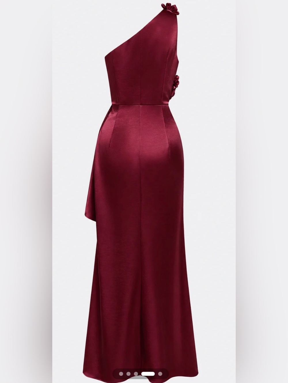 One-Shoulder Burgundy Satin Evening Gown with Floral Shoulder Detail #411 - Picture 8 of 11